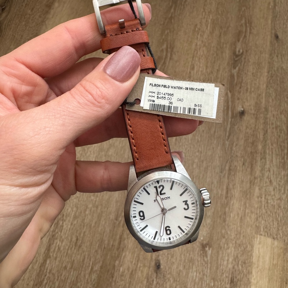 Filson Brown Leather Silver Watch with Tan Leather Strap Women NWT